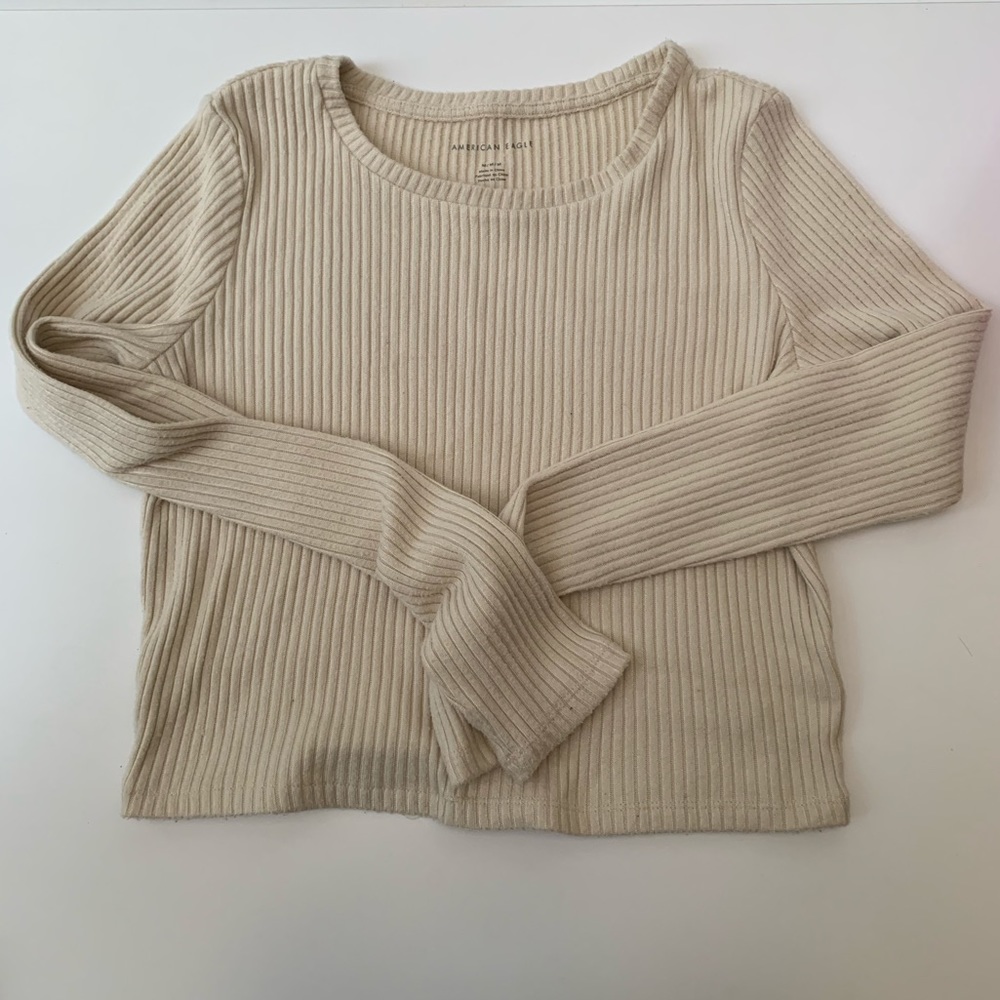 American Eagle Ribbed Cream Soft Long Sleeve Crop